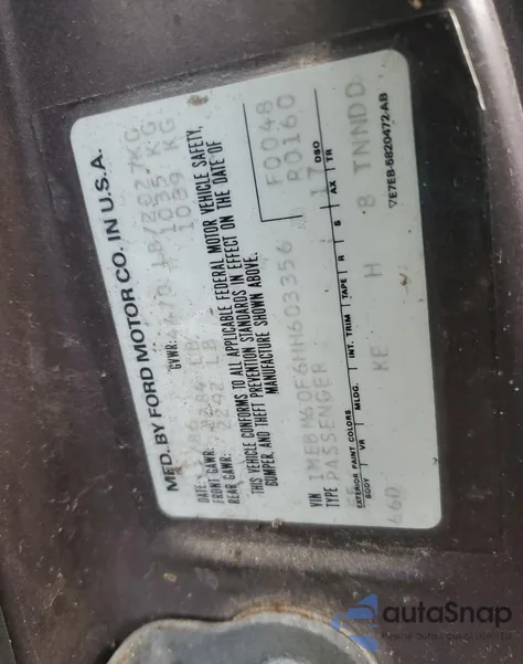 1987 Mercury Cougar Ls из США, поврежденный, VIN 1MEBM60F6HH603356